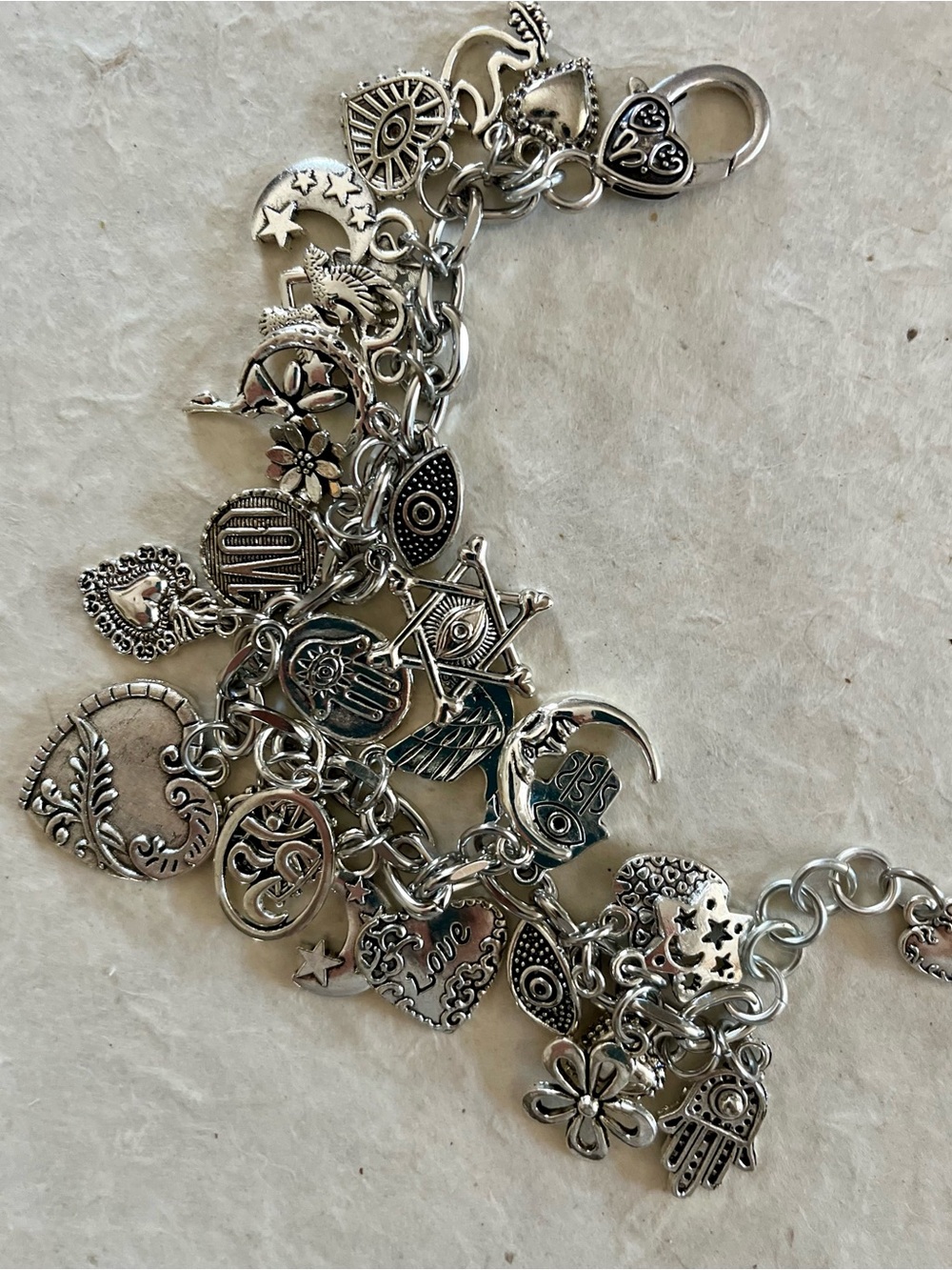 CHARM BRACELET Good Luck, Protection, Evil Eye, Hamsa, Figa, Peace Doves